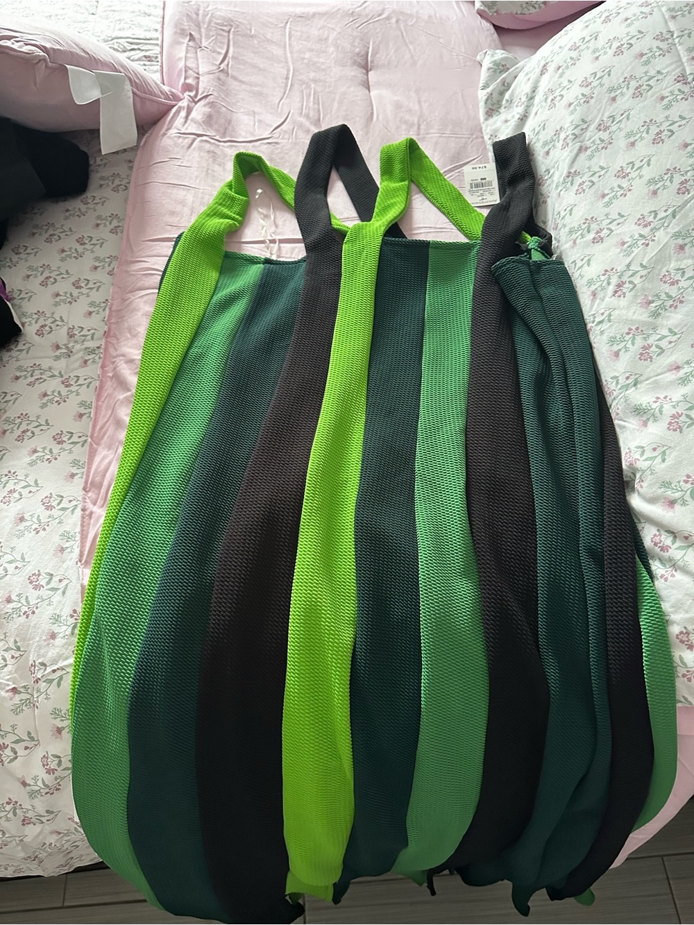 Striped Green Knitted Tote Bag - Bright Green & Dark Green